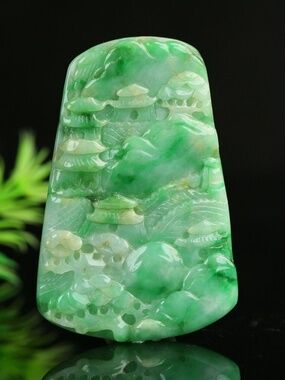 Cert'd Untreated Green Nature Grade A Jadeite Jade Pendant landscape
